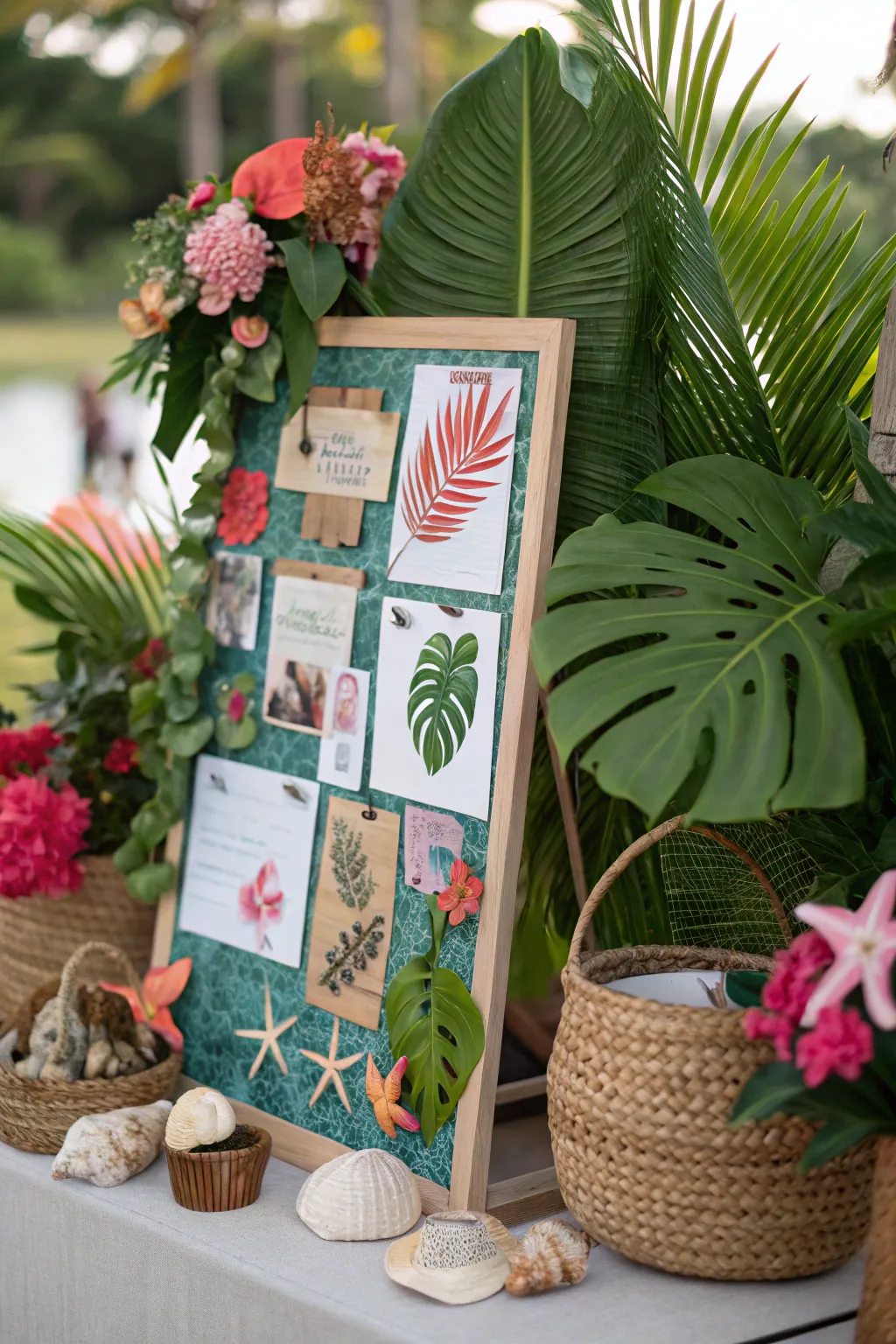 Tropical mood board with vibrant and natural elements.