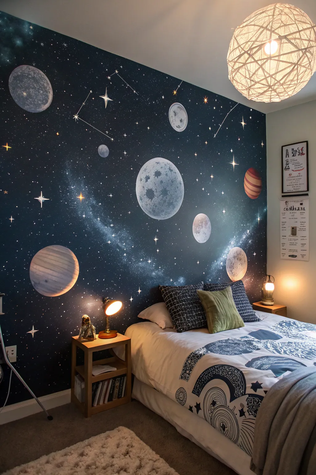 A galactic mural transforms the room into a cosmic wonderland.