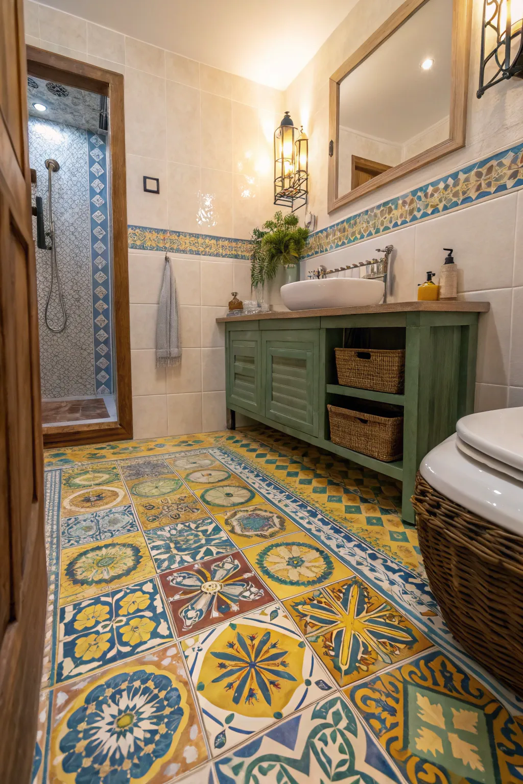 Mediterranean-inspired mosaic tiles evoke a coastal vibe in the bathroom.