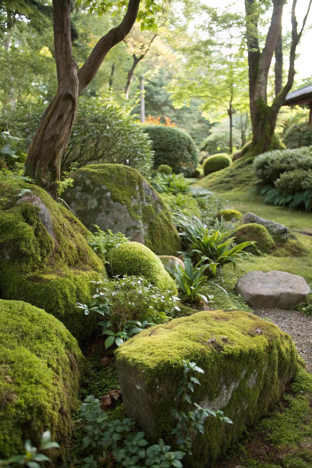 Moss-covered rocks blend seamlessly into garden landscapes.