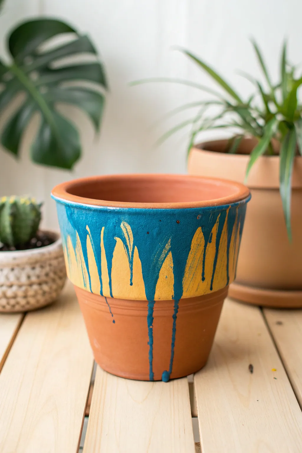 Transform plain pots into stunning art pieces with a splash of color! #PaintDripPots #MothersDayCraft