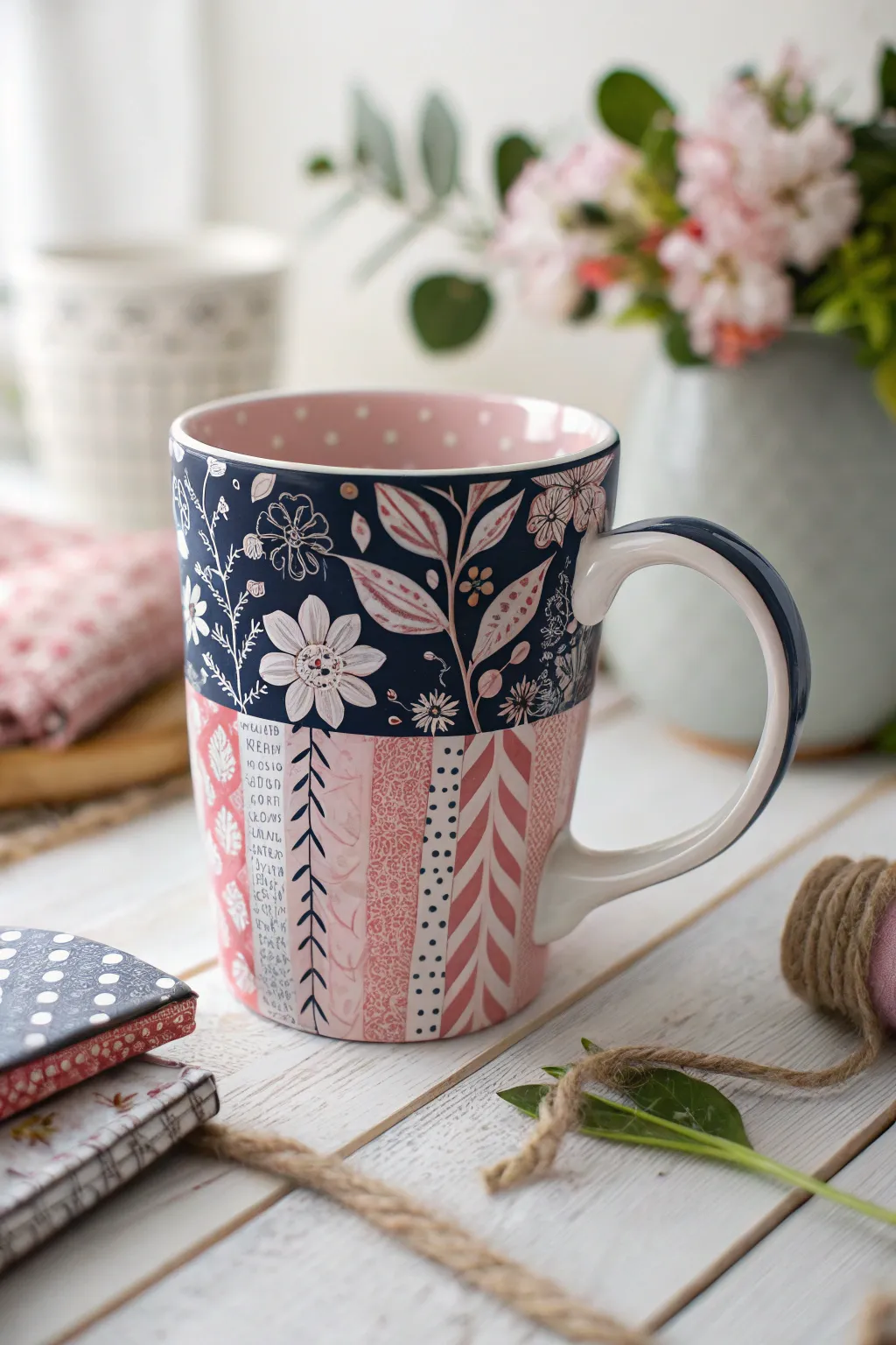 Elevate your mug gift with whimsical patterned wraps, blending stripes and florals for a charming touch.