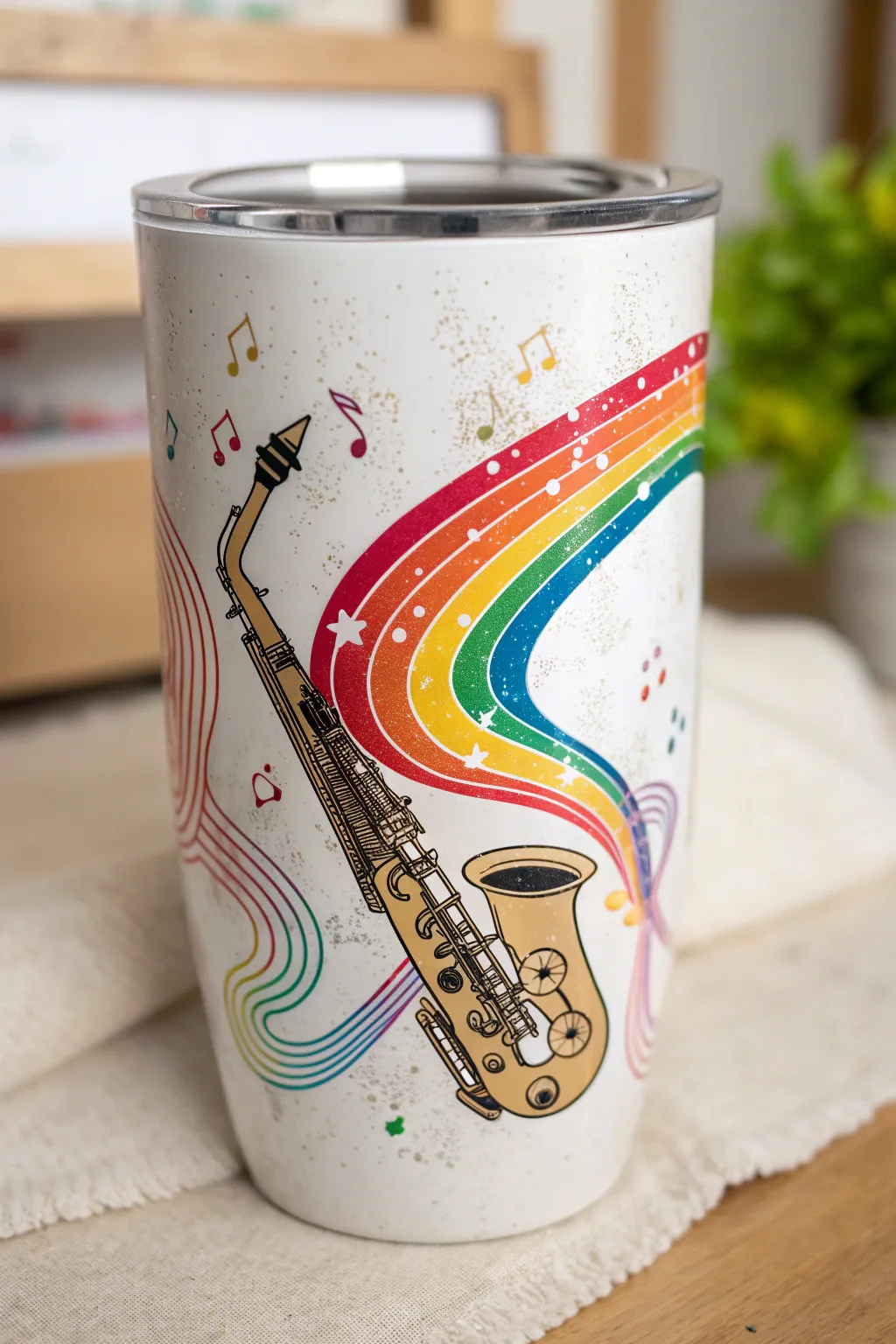 Sip your tunes in style with this vibrant rainbow saxophone tumbler - where music meets minimalist elegance.
