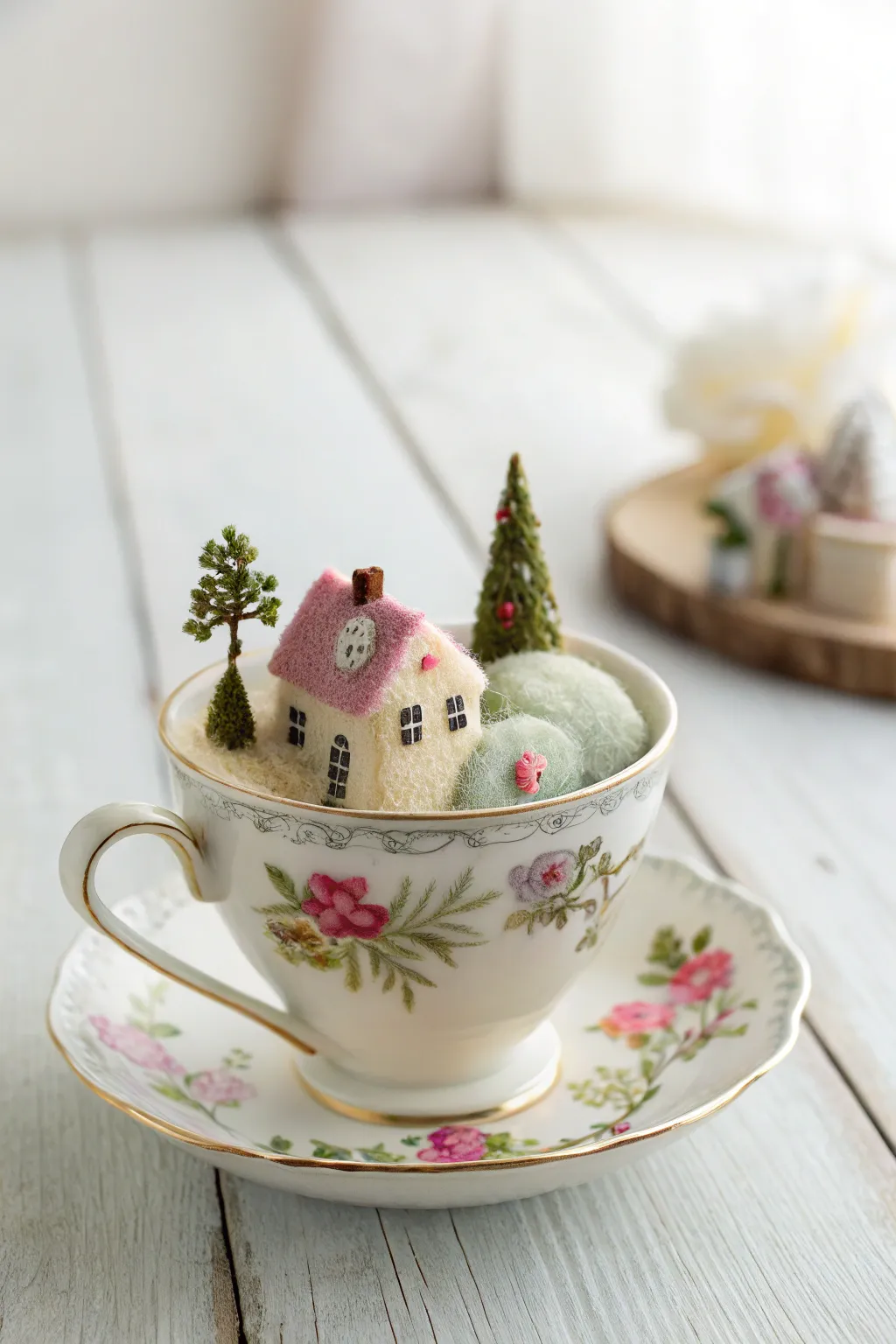 Discover the charm of tiny teacup villages—where needle felting meets upcycling elegance.