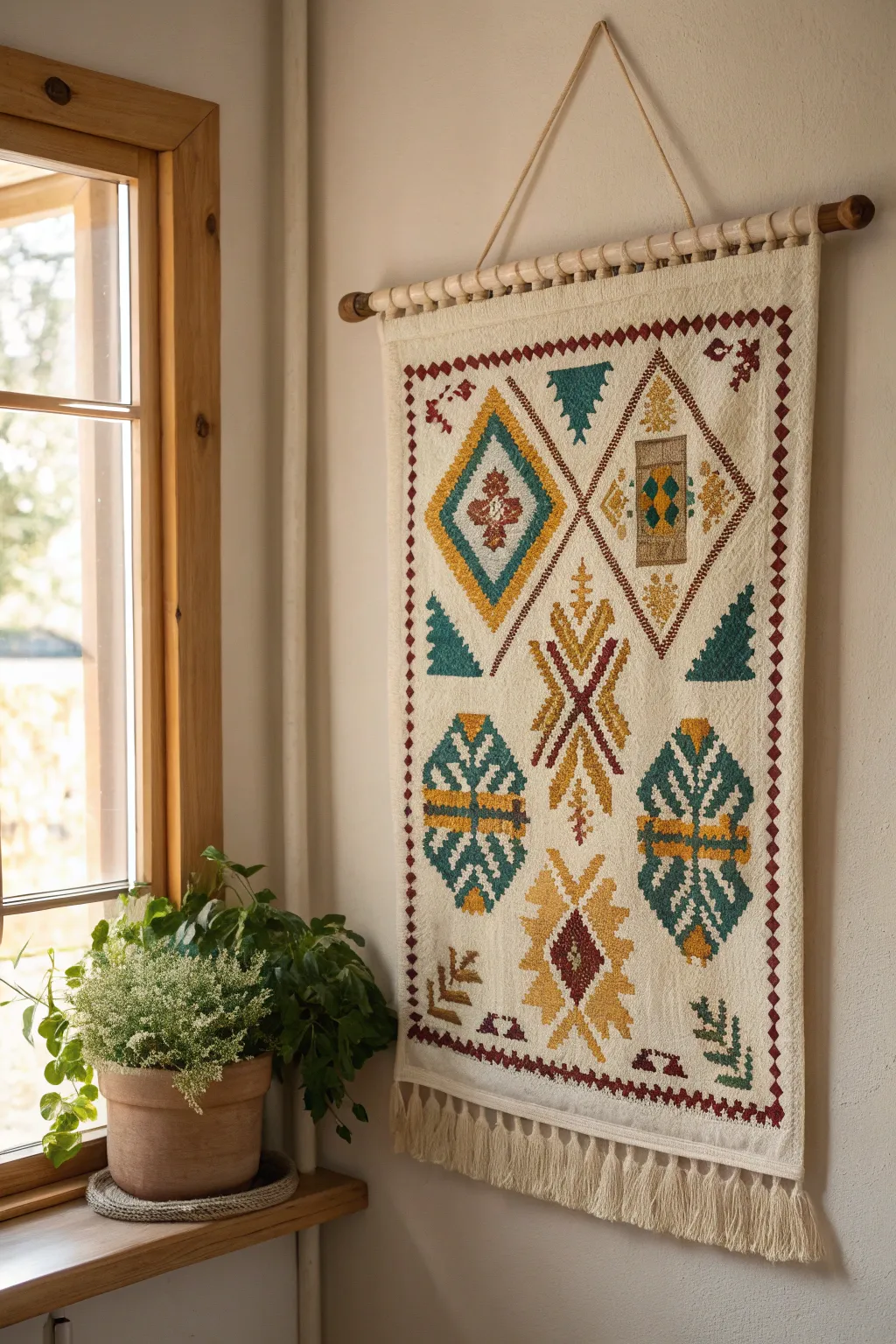 Transform your space with the timeless elegance of a handcrafted needlepoint wall hanging.