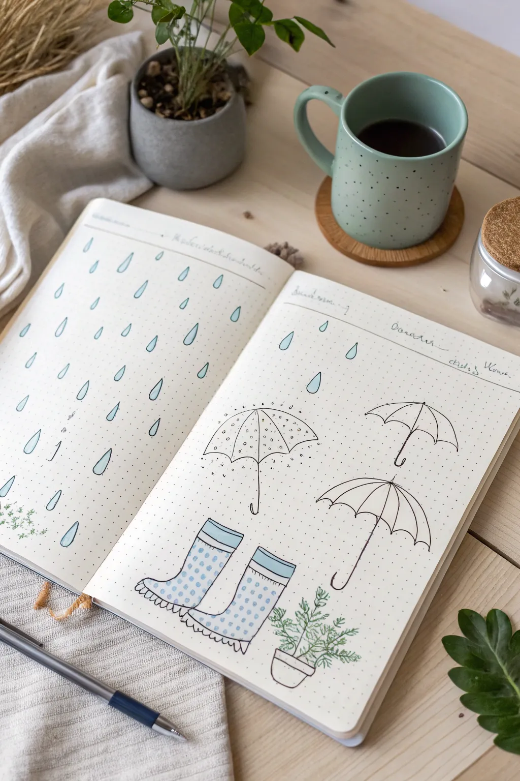 Embrace the beauty of November's rain with minimalist doodles that add charm to your journal pages.