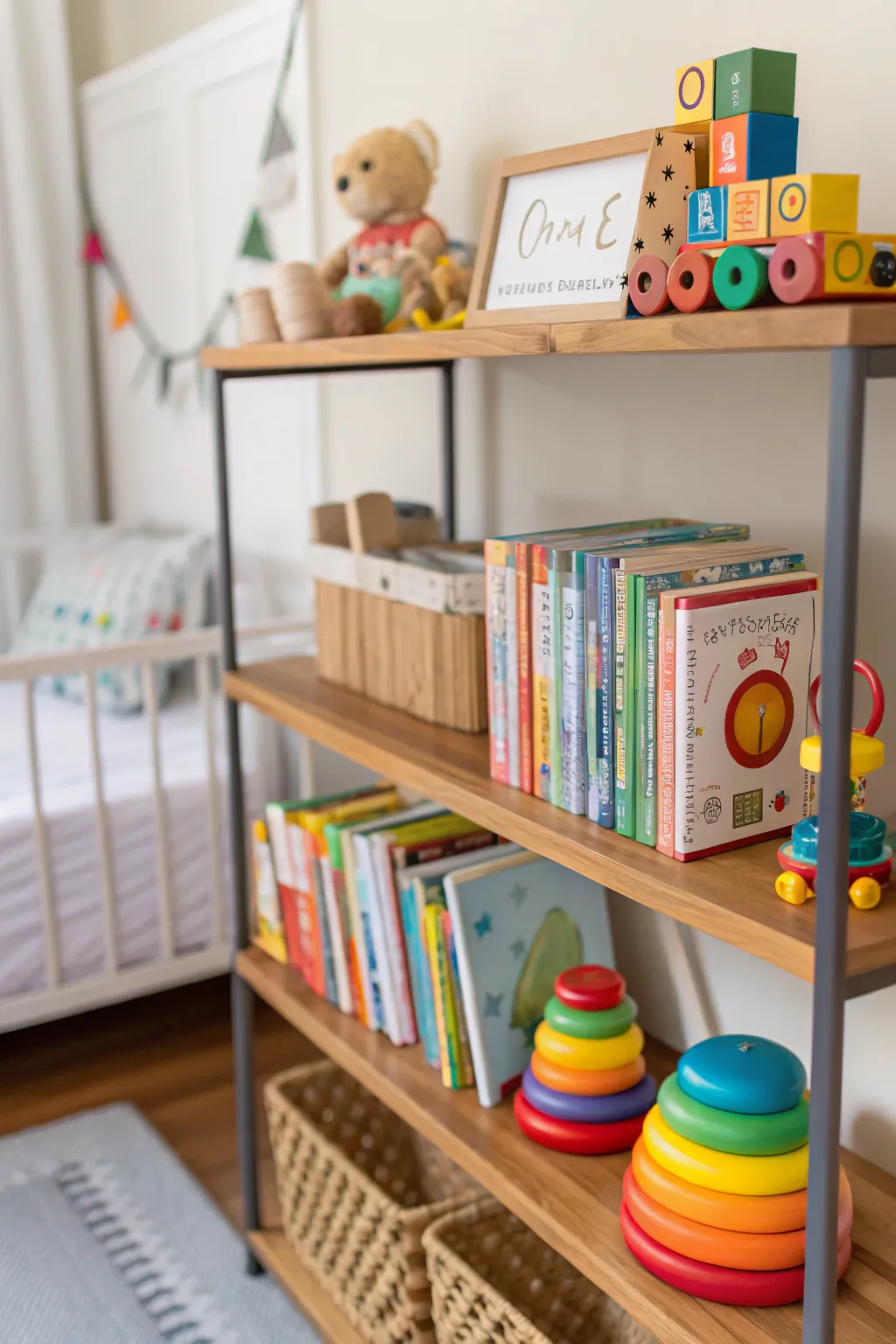 Mixed materials create a dynamic and textured shelf look.