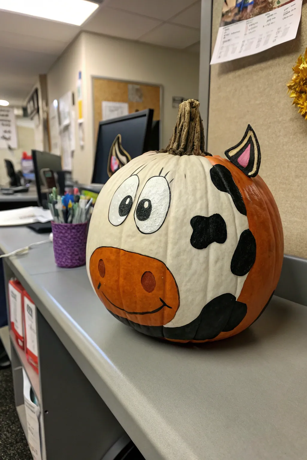 A cute cow pumpkin, adding farmyard fun to the office.