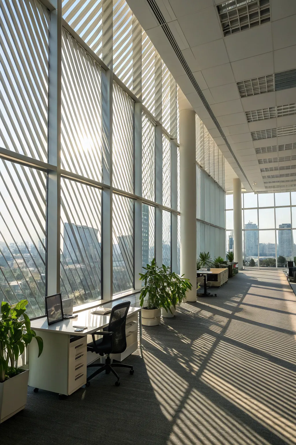Vertical blinds offer versatile light control for large windows.