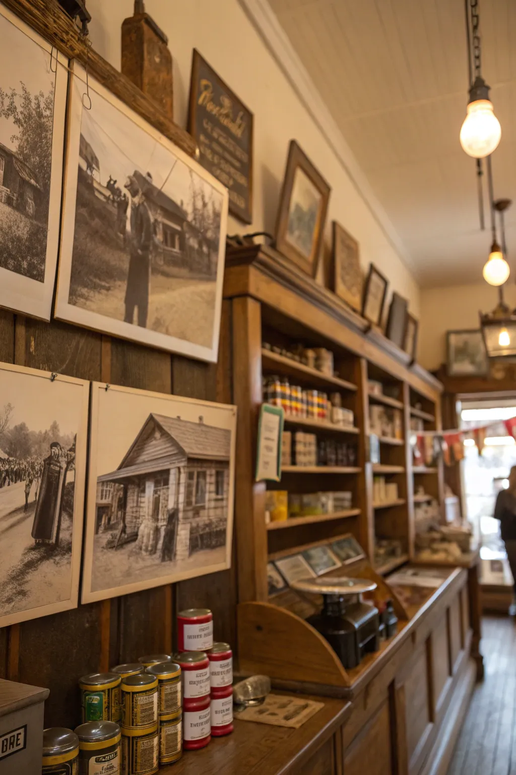 Sepia-toned photographs on a wall.