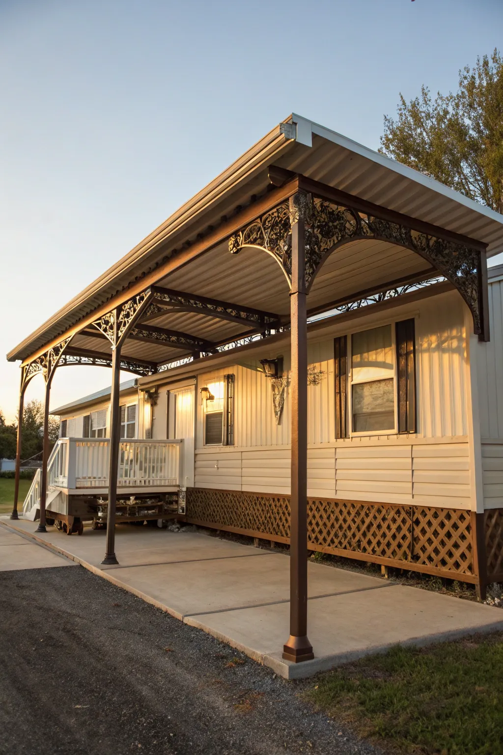 Enhance your mobile home with a seamlessly integrated carport, crafted for style and function.