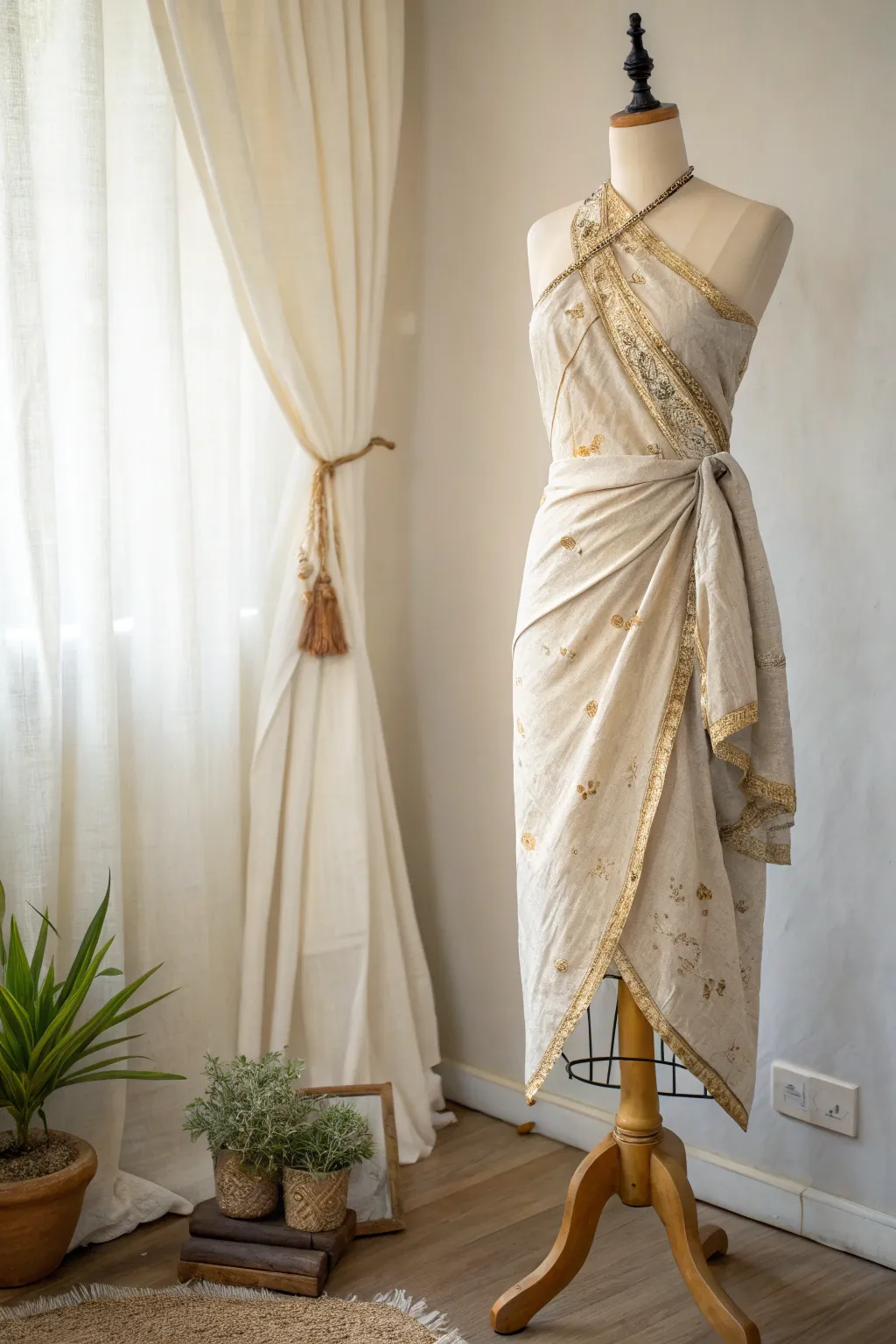 Embrace effortless style with a minimalist wrap dress crafted from a vintage saree, perfect for your relaxed weekends.