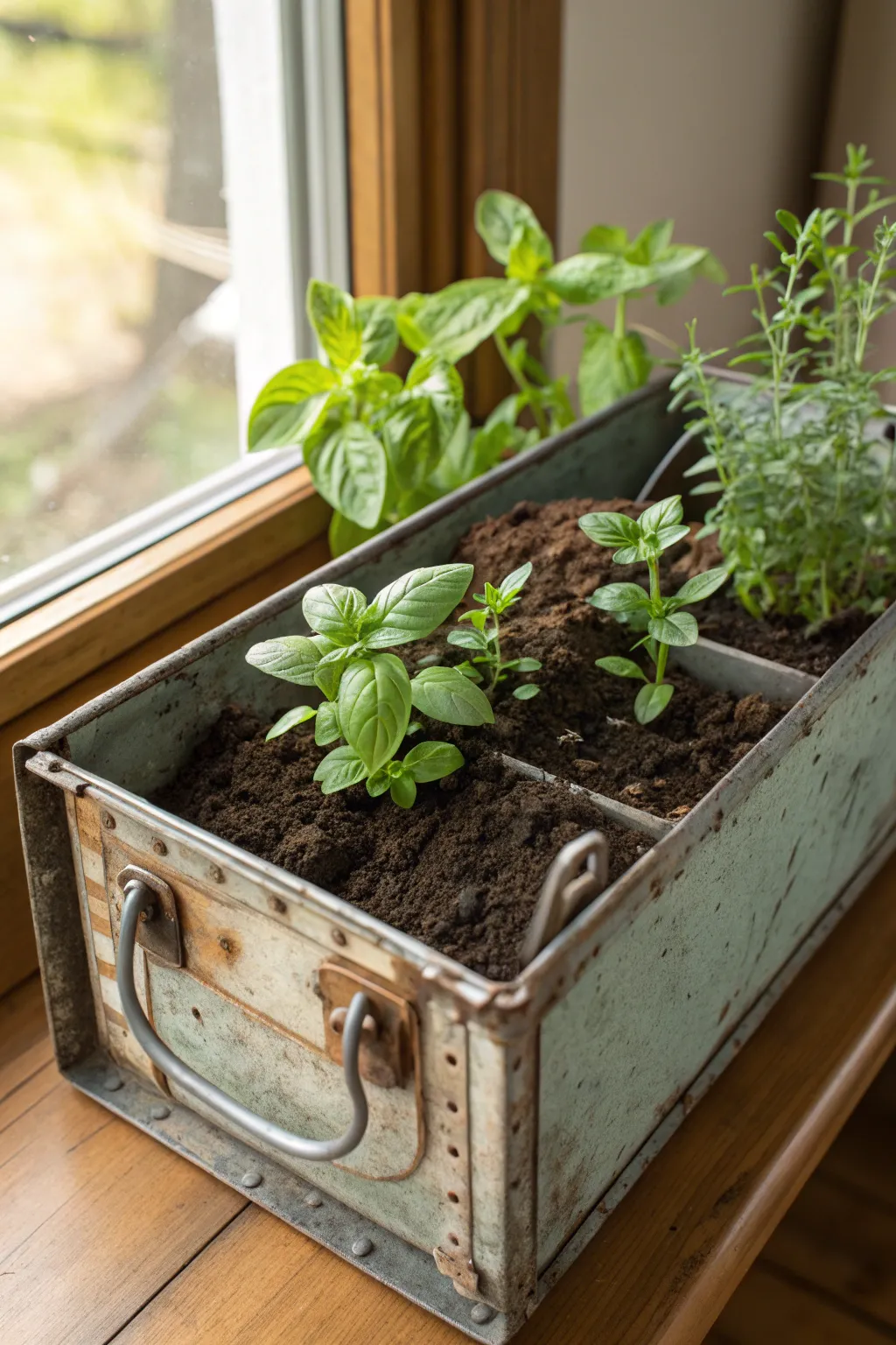 Transform old into gold: A vintage toolbox becomes a vibrant windowsill herb garden.