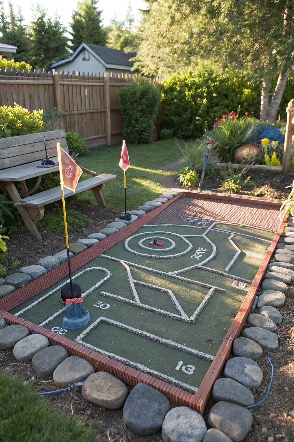 Transform your garden with a one-of-a-kind mini golf course crafted from an old trampoline mat. A testament to creativity and craftsmanship!