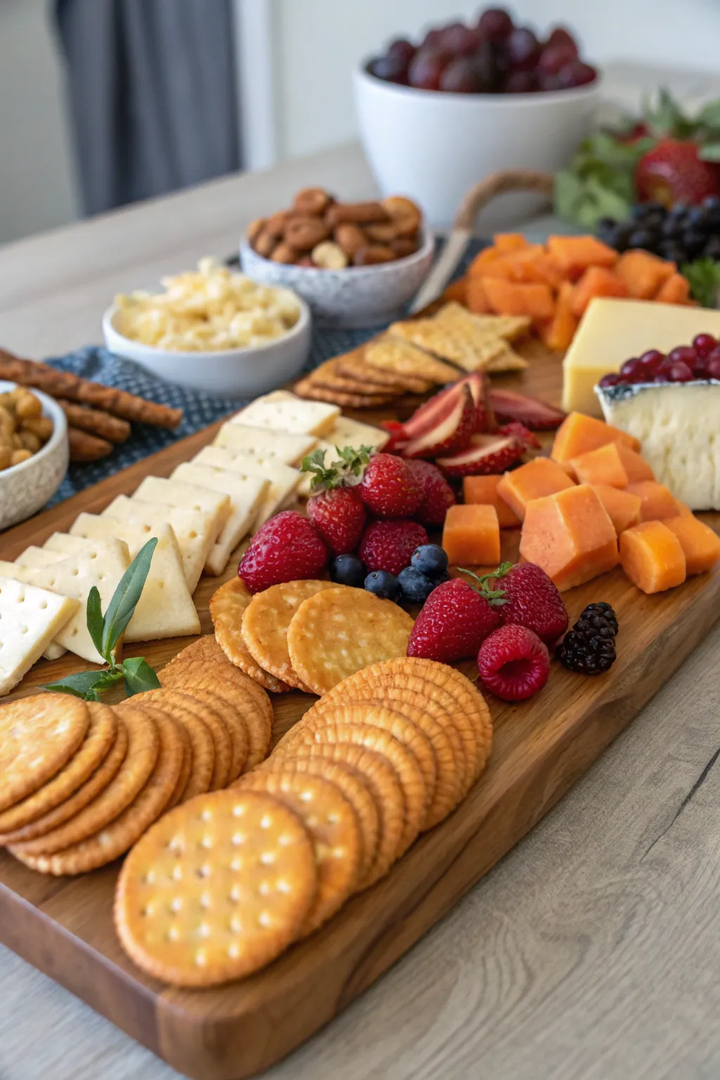 Orange-tinted crackers offer texture and variety.