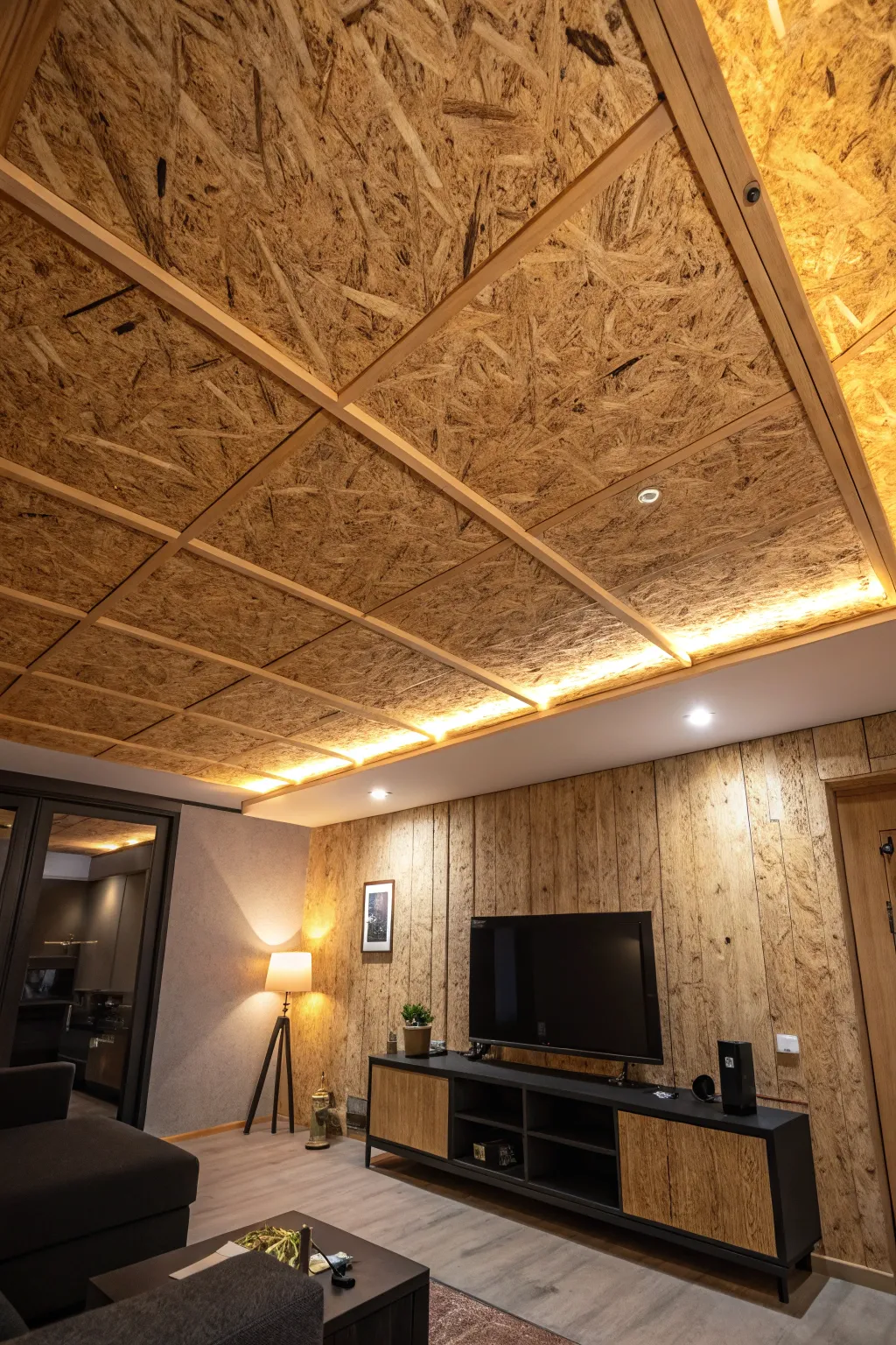 Transform your space with the rustic elegance of an OSB accent ceiling.