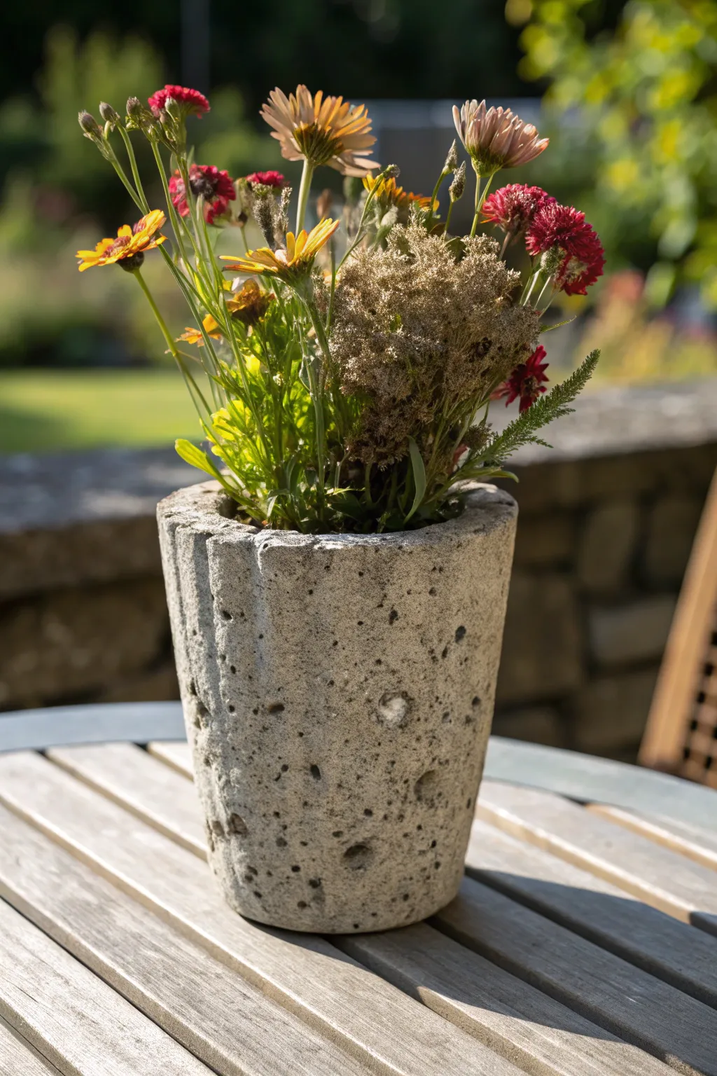 Elevate your outdoor space with handcrafted rustic cement vases, perfect for showcasing nature's beauty.