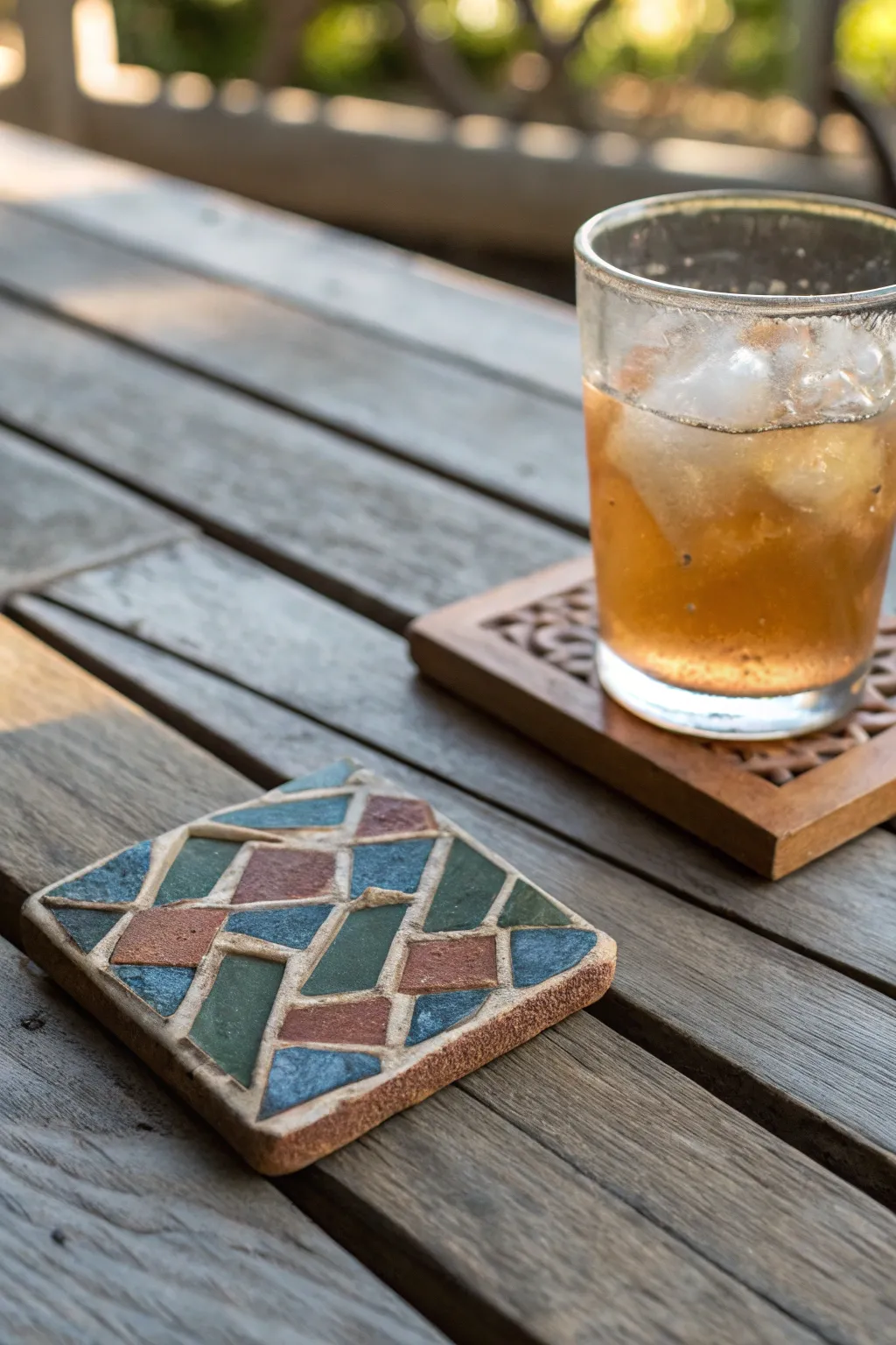 Elevate your patio gatherings with handcrafted tile coasters, blending style and function.