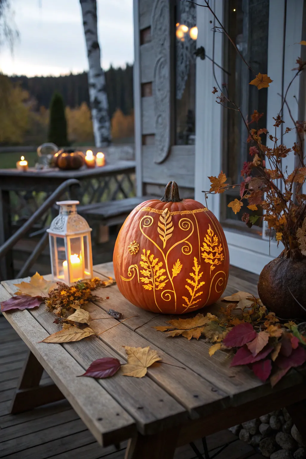 Illuminate your autumn nights with the elegance of an etched pumpkin lantern.