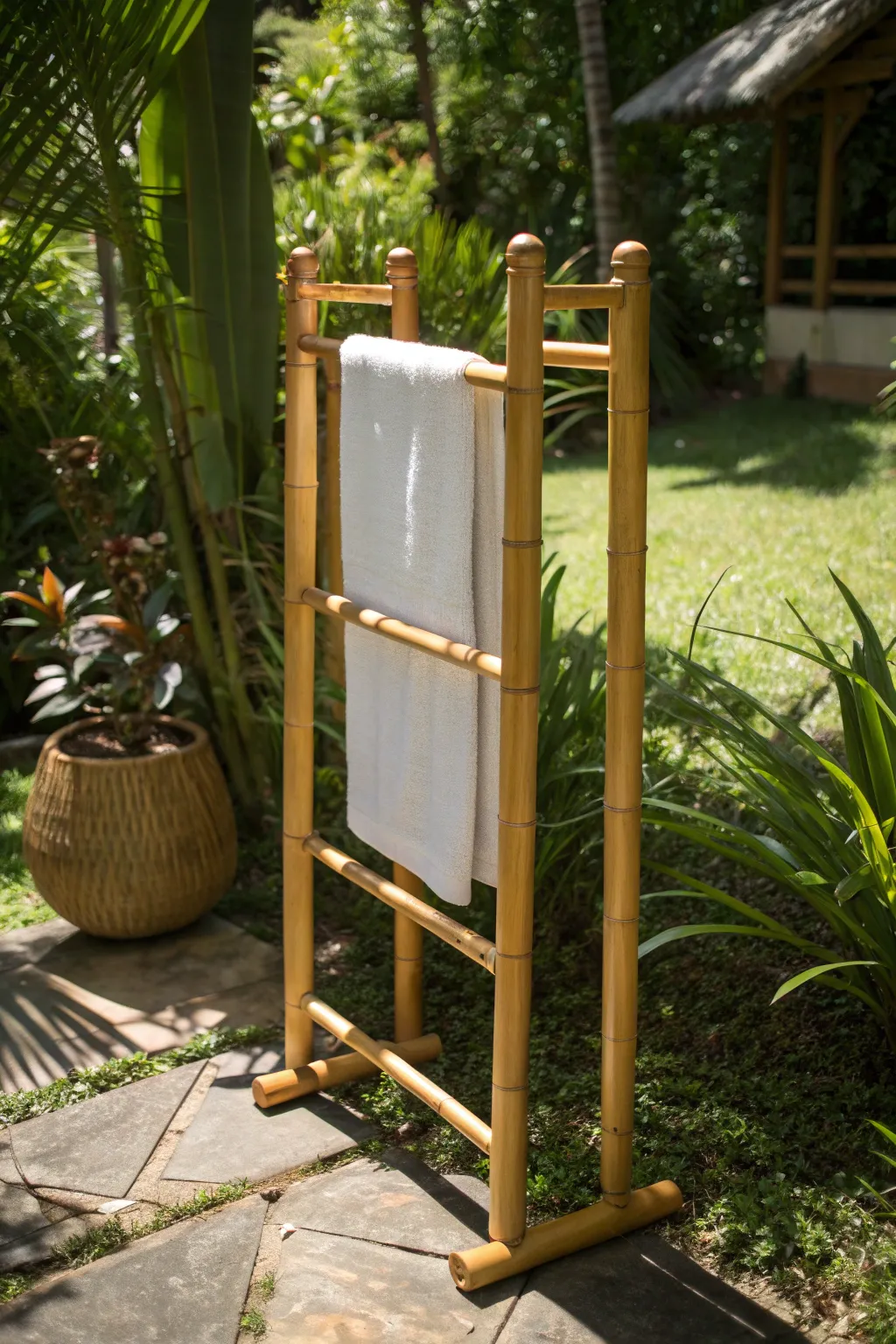 Embrace the elegance of nature with a bamboo towel rack that turns any outdoor space into an exotic retreat.