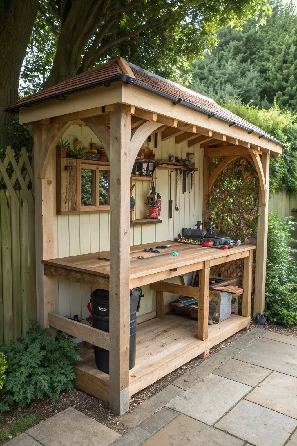Craftsmanship meets functionality: Transform your garden shed with a stylish workbench extension.