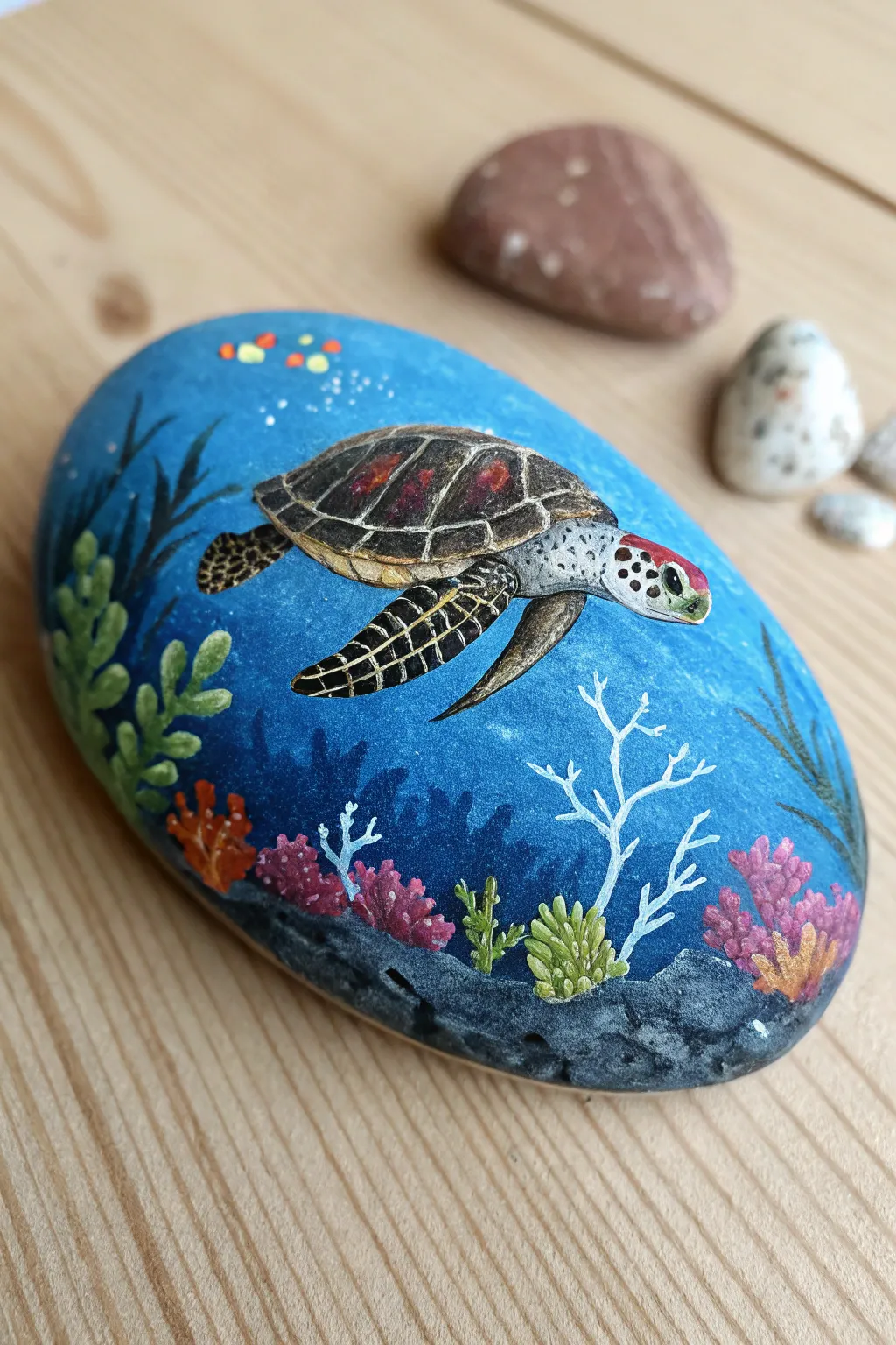 Dive into ocean wonders with this beautifully painted rock that captures the essence of the sea.