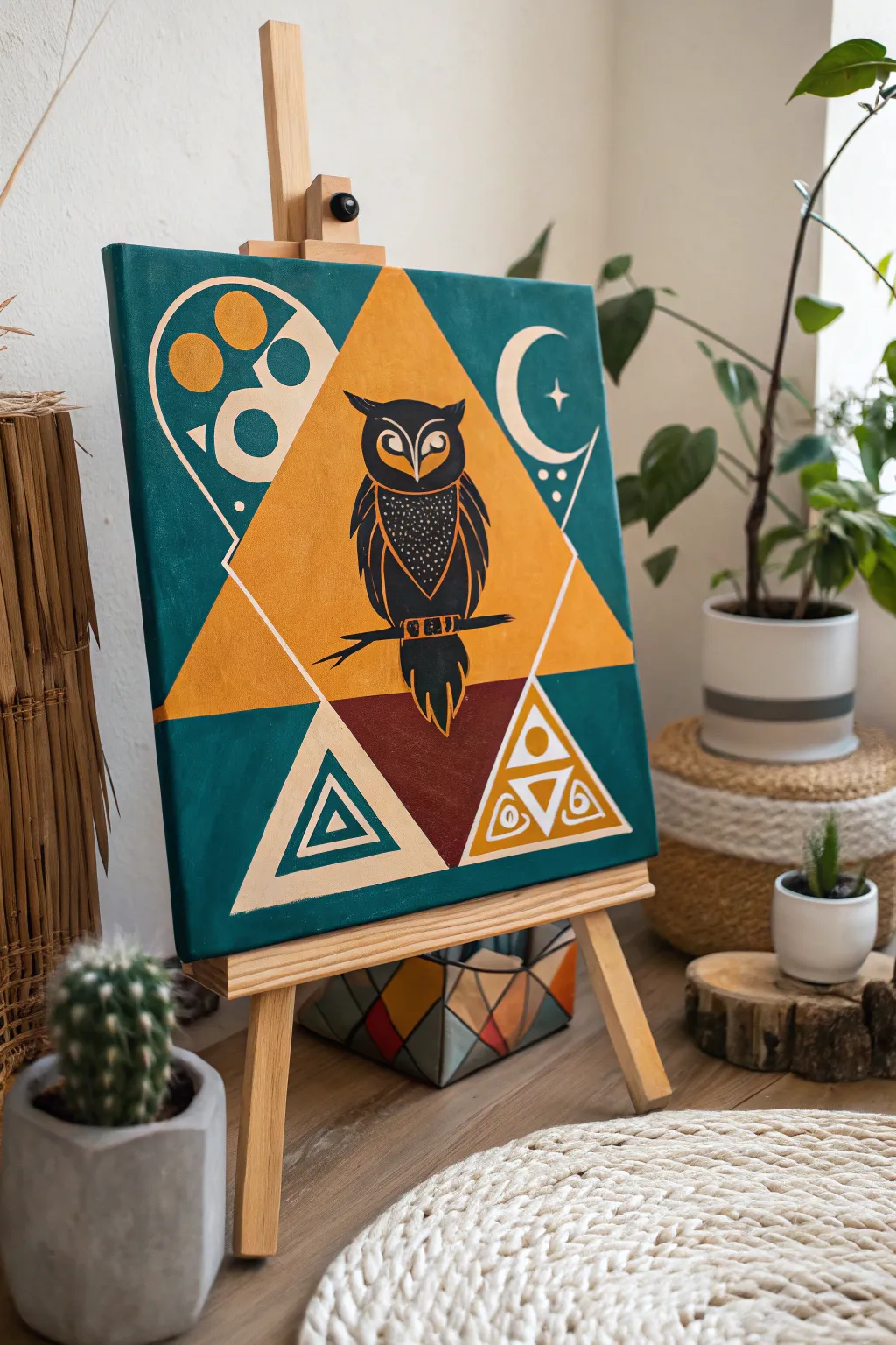 Transform your space with this stunning geometric owl painting that blends modern artistry with timeless elegance.