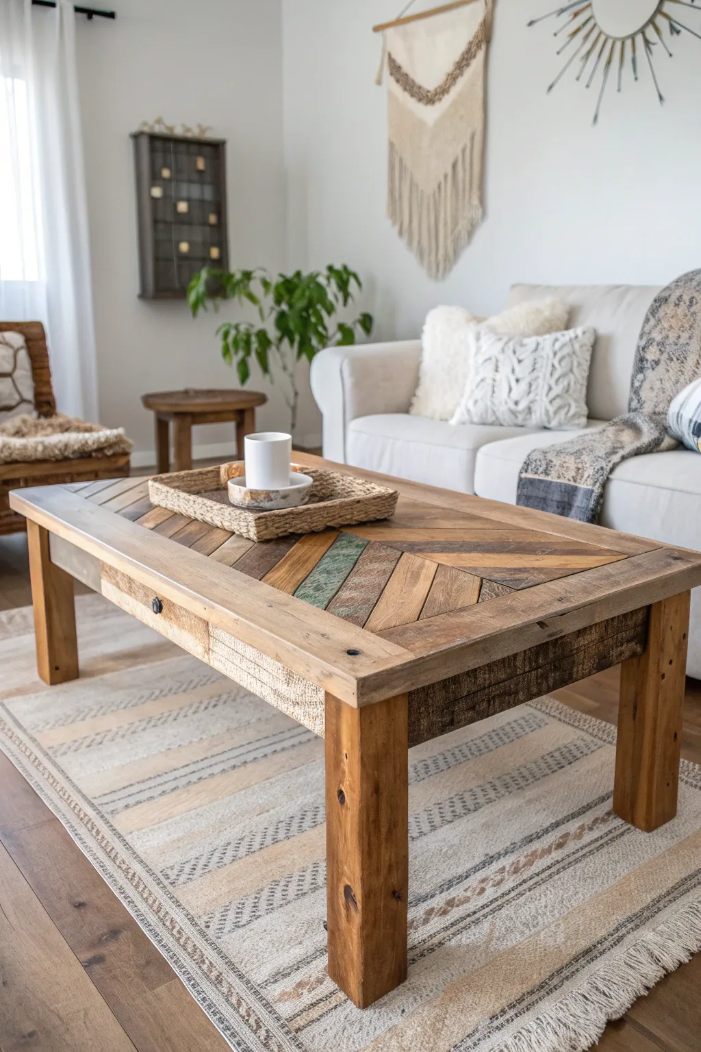 Transform your space with a rustic touch: A reclaimed wood coffee table that combines farmhouse charm with Scandinavian minimalism.