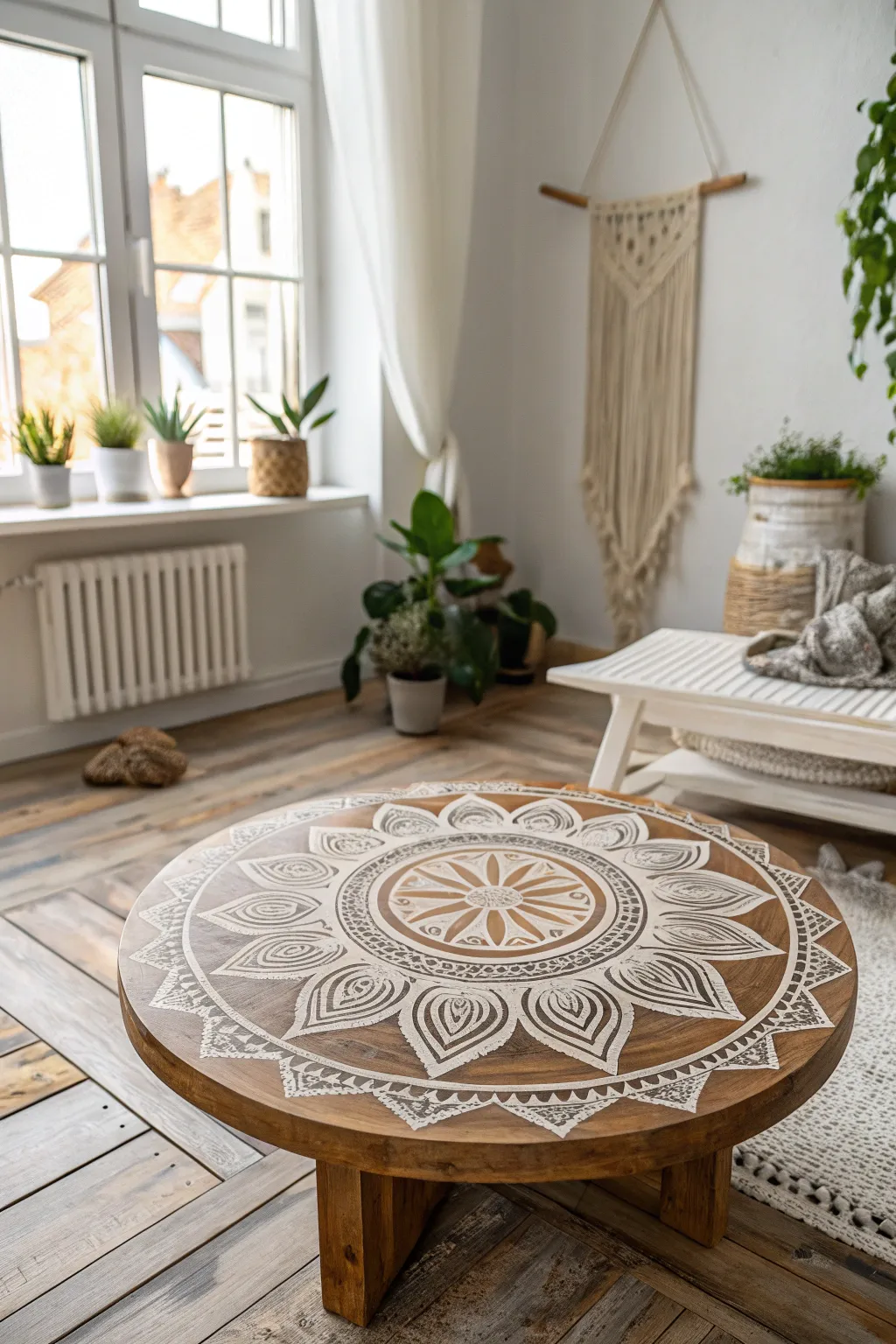 Transform your space with a touch of bohemian artistry. This mandala-painted table is the perfect blend of simplicity and elegance.
