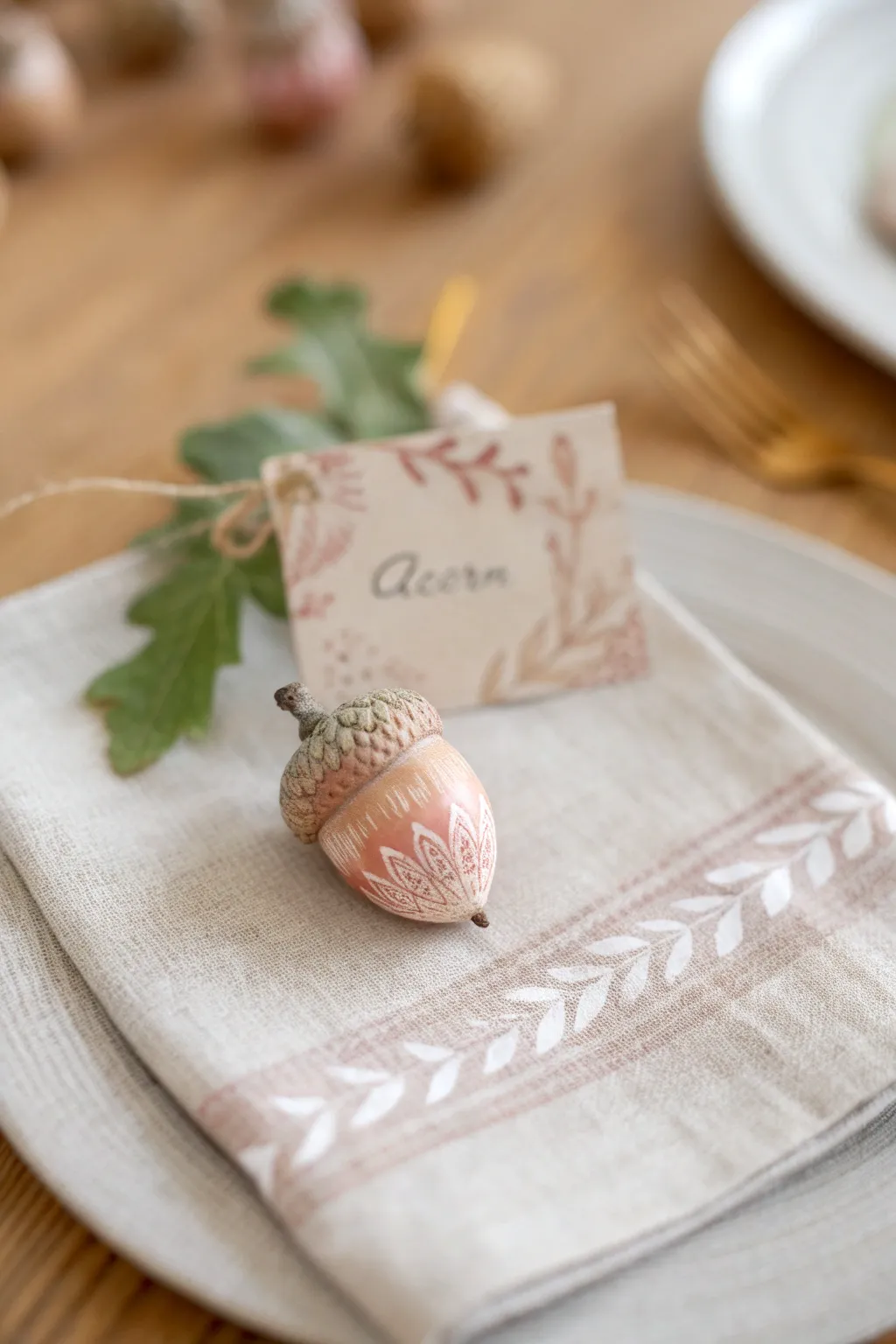 Add a touch of elegance to your table with personalized painted acorn place cards.