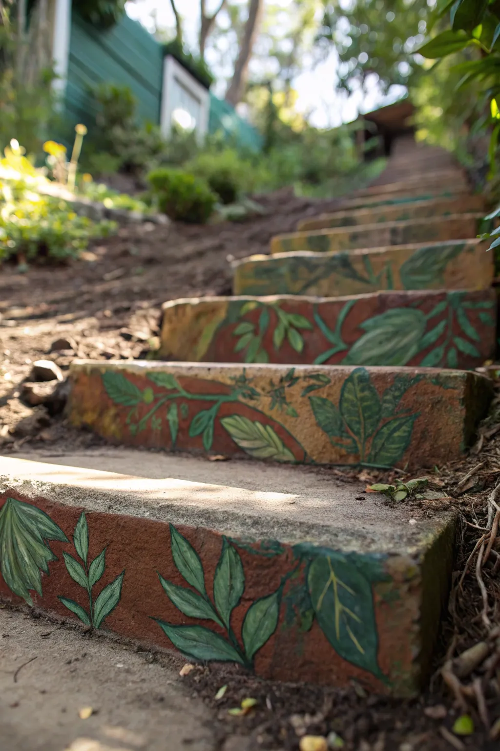 Elevate your outdoor space with nature-inspired painted steps that seamlessly blend with the garden.
