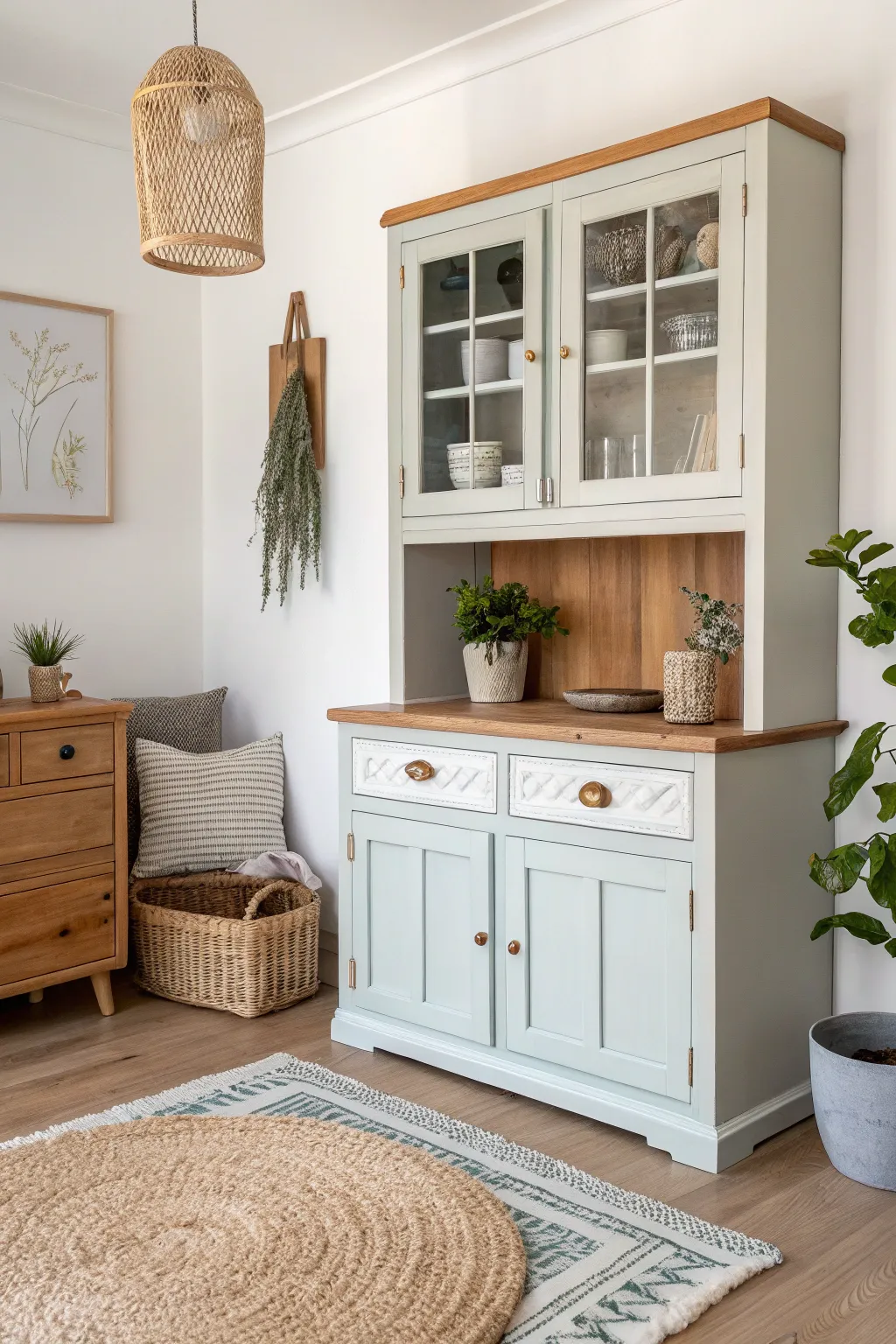 A stunning blend of paint and stain breathes new life into this classic hutch, offering a perfect balance of modern simplicity and timeless charm.