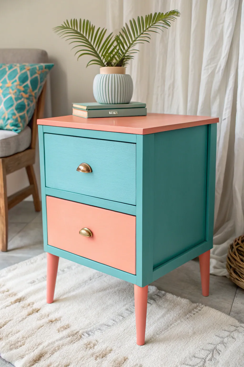 Transform your space with a tropical splash of teal and coral—where minimalist design meets paradise vibes.