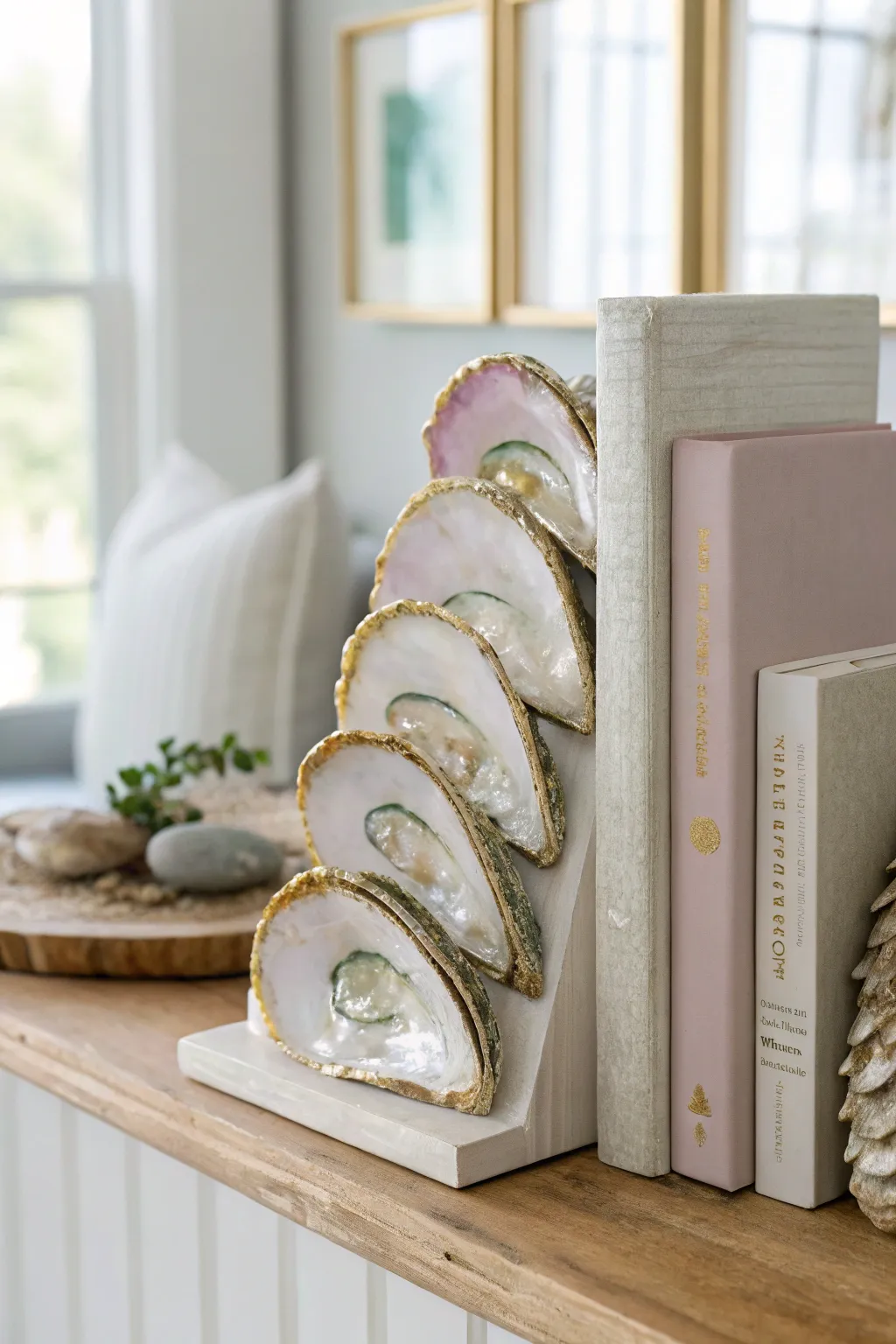 Elevate your bookshelf with these chic painted oyster shell bookends, blending craftsmanship with minimalist elegance.