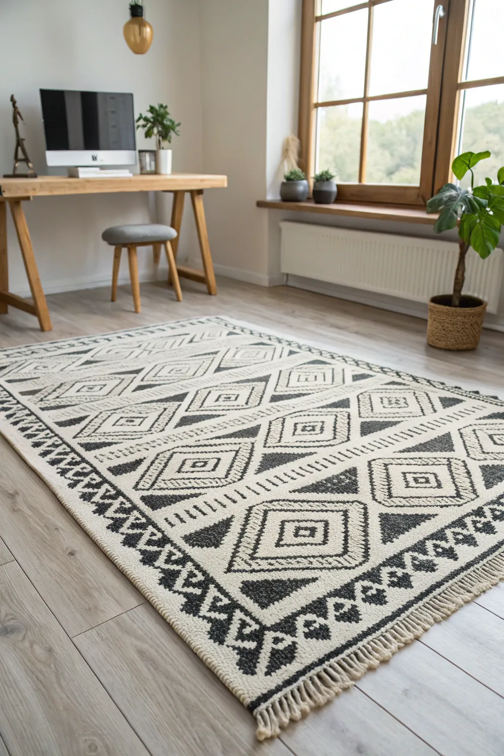 Discover the elegance of monochrome magic with this stunning black-and-white patterned rug, perfect for a minimalist yet bold aesthetic.