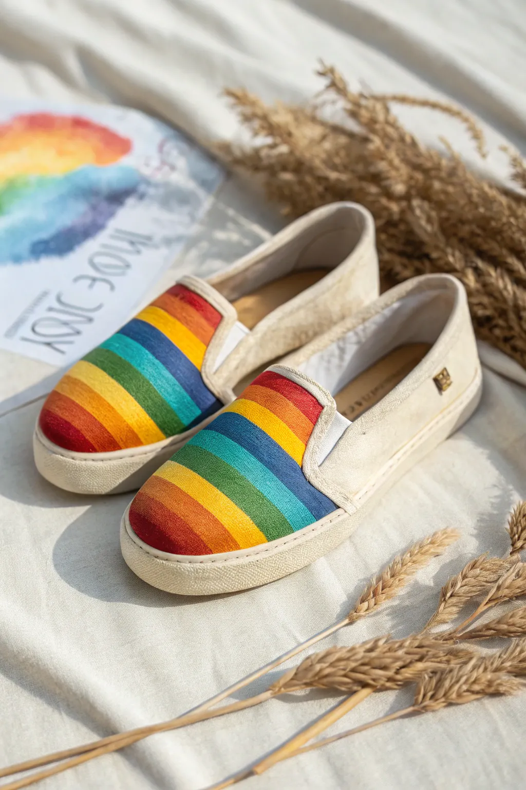 Step into a world of color with these beautifully crafted rainbow-striped slip-ons.
