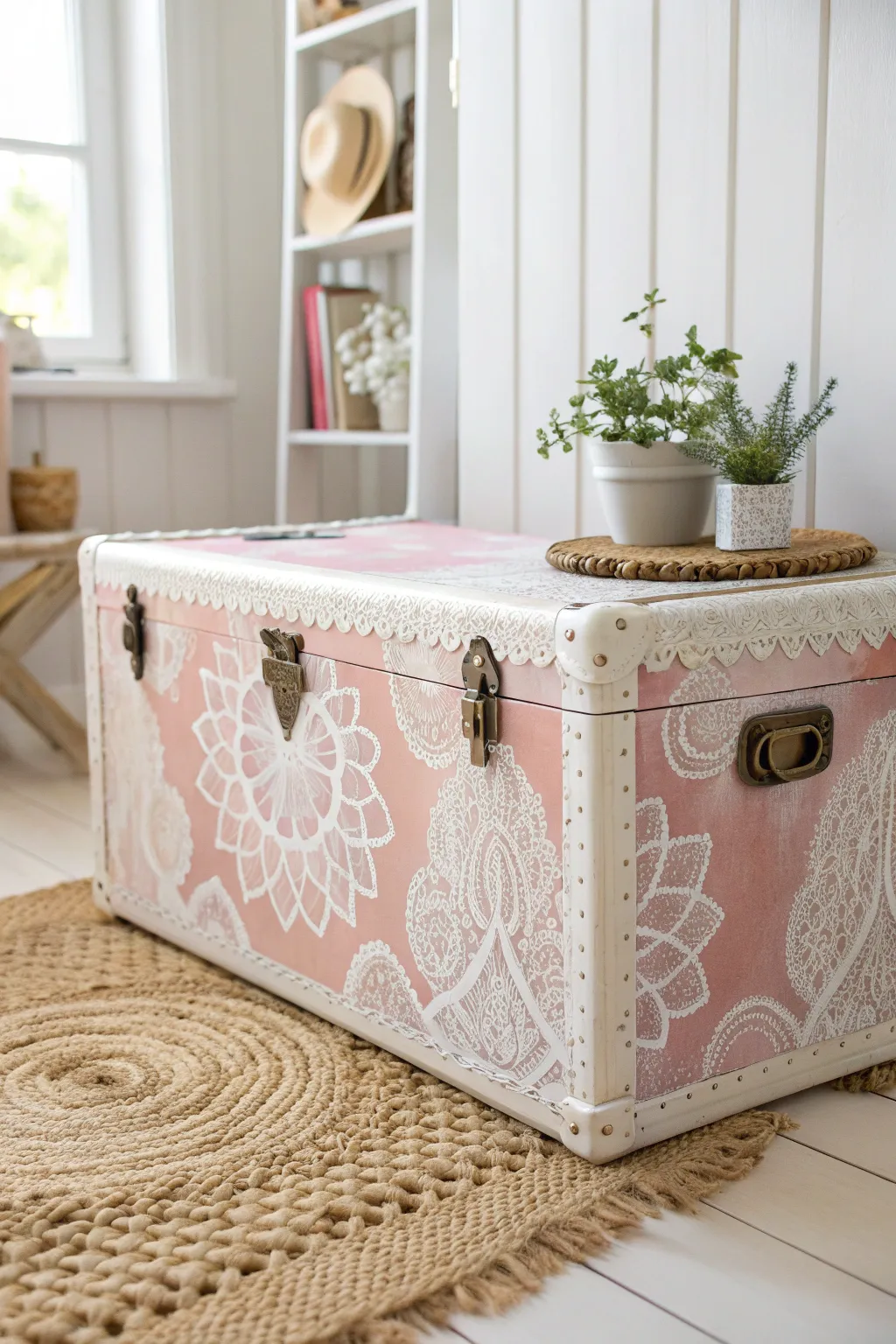 Transform your space with a romantic touch: A lace overlay trunk that blends vintage charm with minimalist elegance.