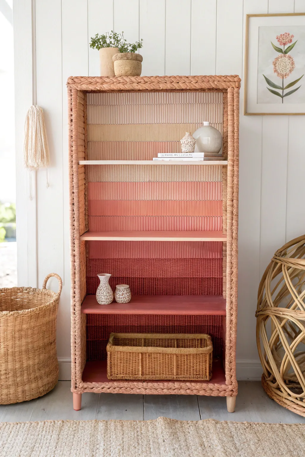 Transform your space with a chic ombre-painted wicker bookshelf for a modern Boho touch.