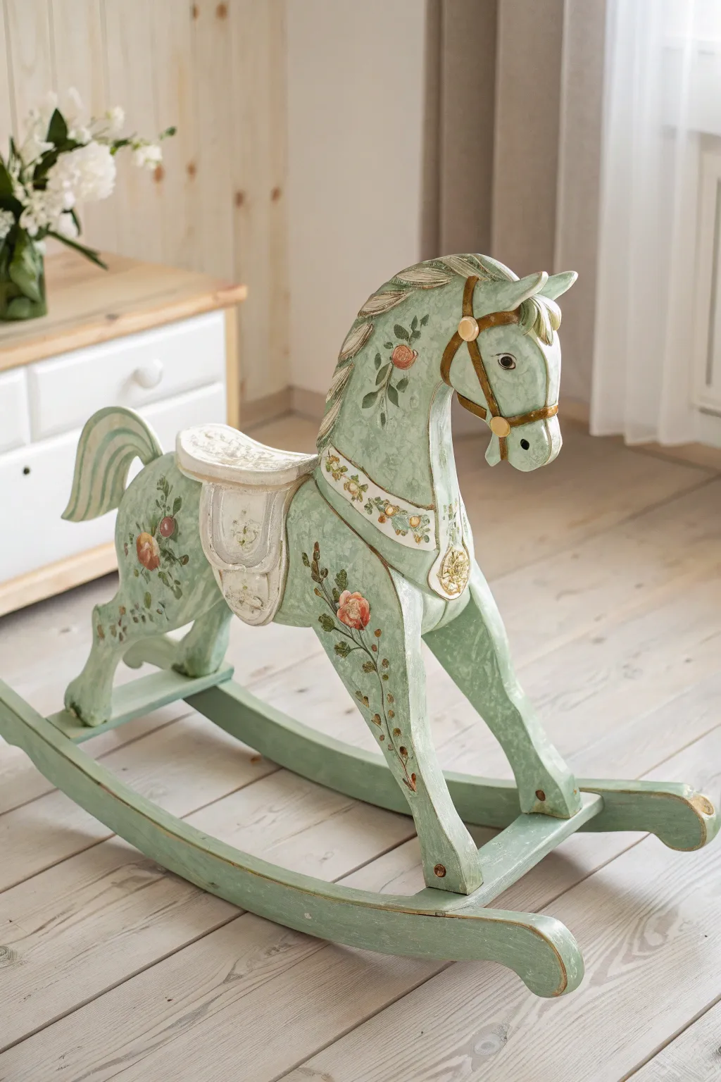 Embrace nostalgia with this beautifully crafted cottage core rocking horse.