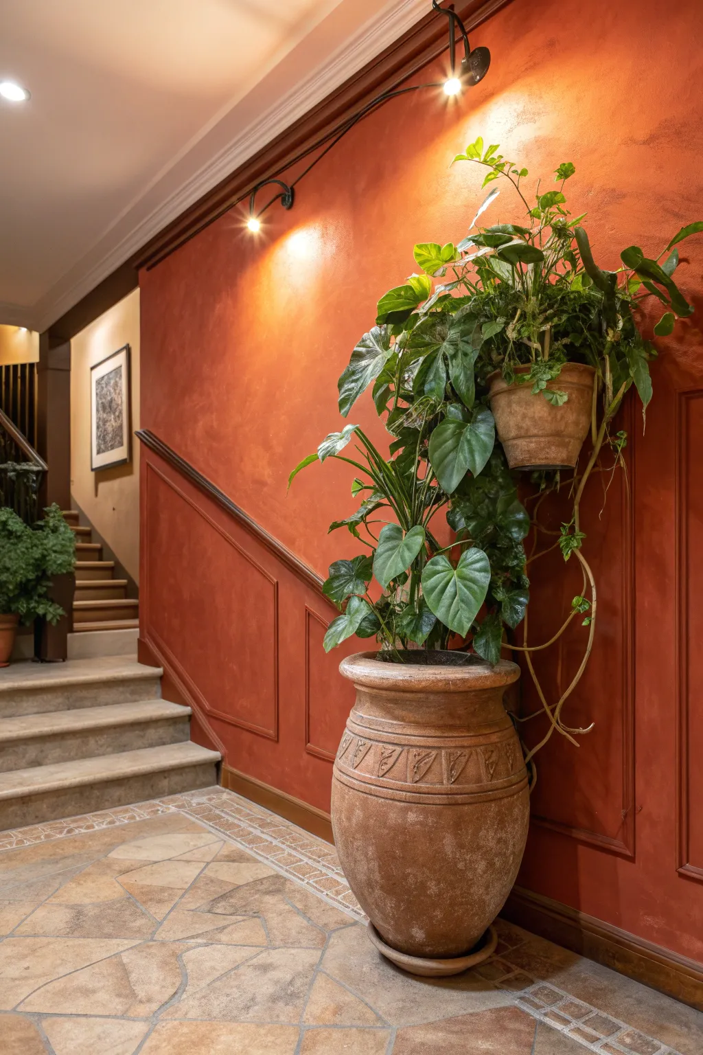 Transform your basement with the elegance of terracotta and the vitality of lush greenery, creating a space that feels both warm and alive.
