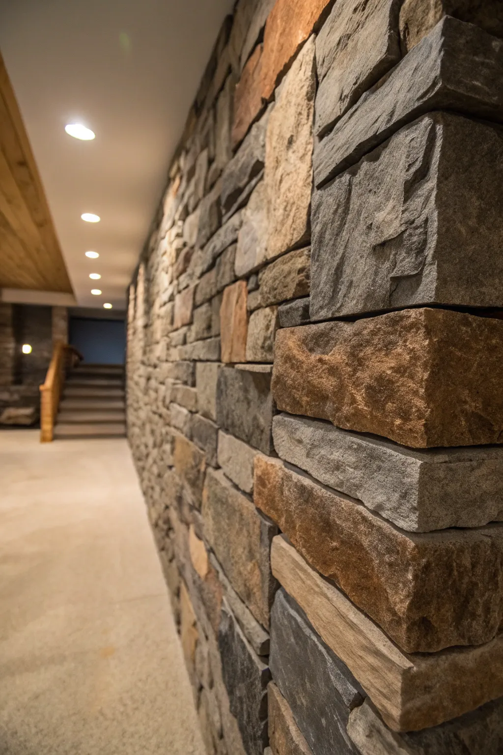 Bring the beauty of the outdoors inside with artisanal stone veneers for your basement retreat.