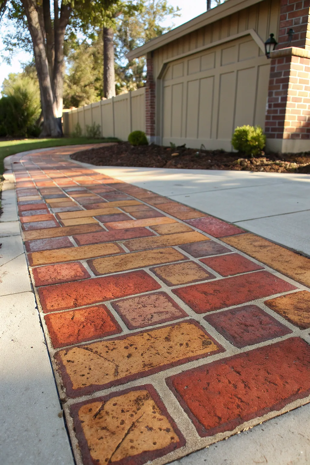 Transform your driveway into a rustic masterpiece with painted brick patterns.