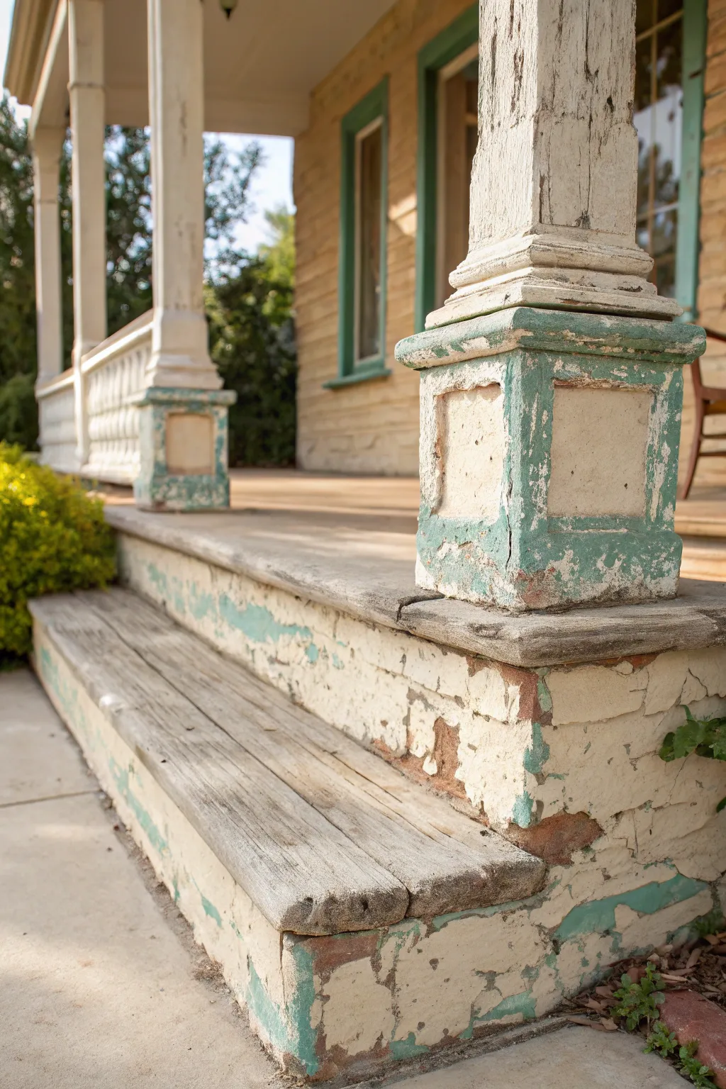 Embrace nostalgia with a vintage distressed concrete porch, where craftsmanship meets timeless charm.