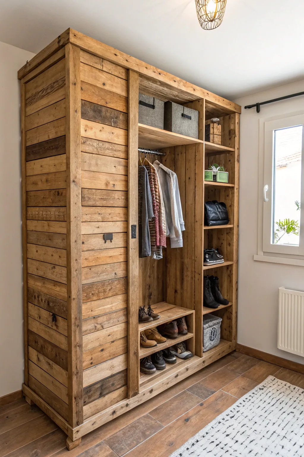 Transform your space with a rustic corner pallet closet, where craftsmanship meets functionality.