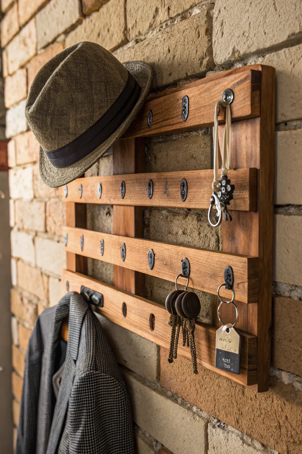 Elevate your entryway with this stylish pallet hat rack featuring a handy magnetic strip for your keys.