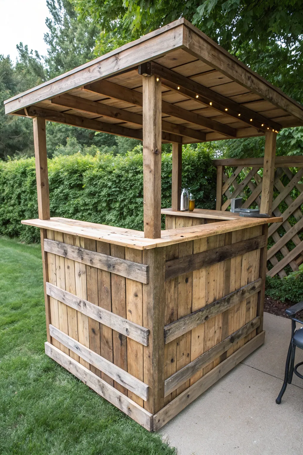 Stay sheltered and stylish with this handcrafted pallet bar, perfect for enjoying the outdoors, rain or shine.