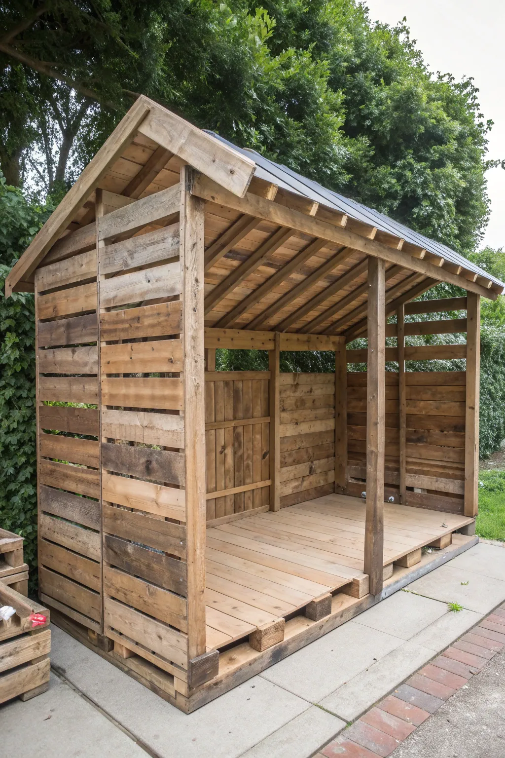 Elevate your workspace with a pallet-built shelter that combines protection and creativity in one stunning design.