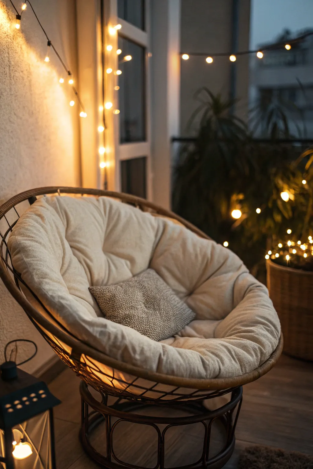 Soft lighting enhances the cozy vibe of a papasan chair.