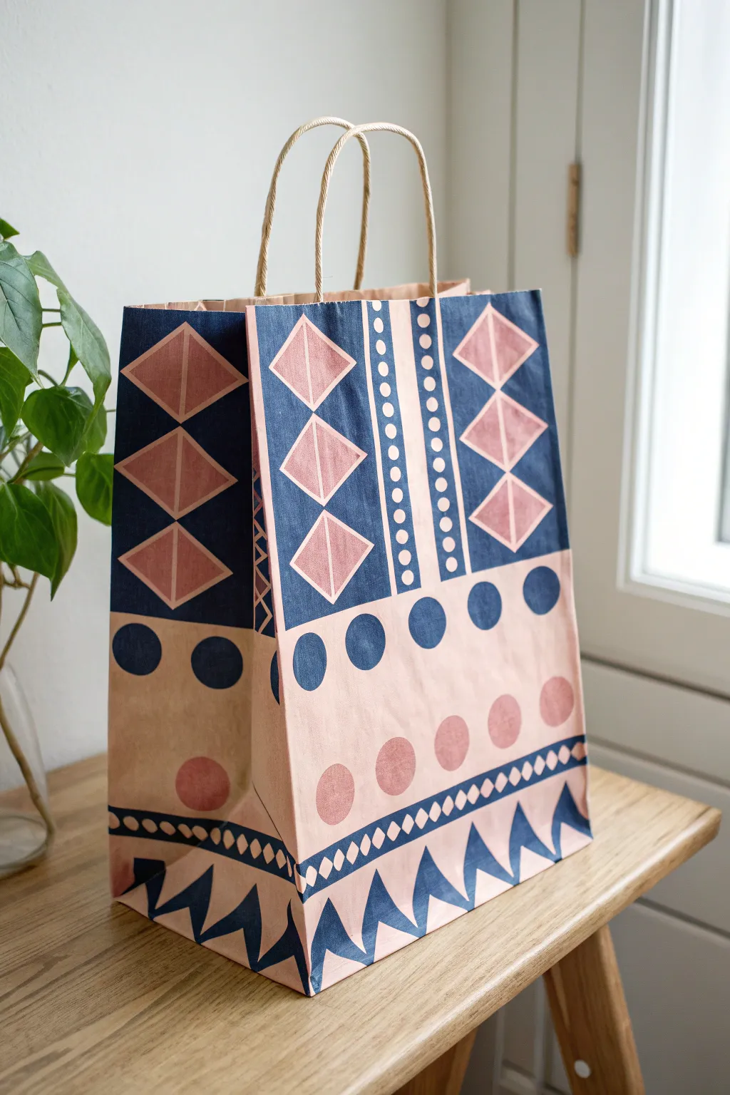 Transform your paper bags into modern art with bold geometric patterns.