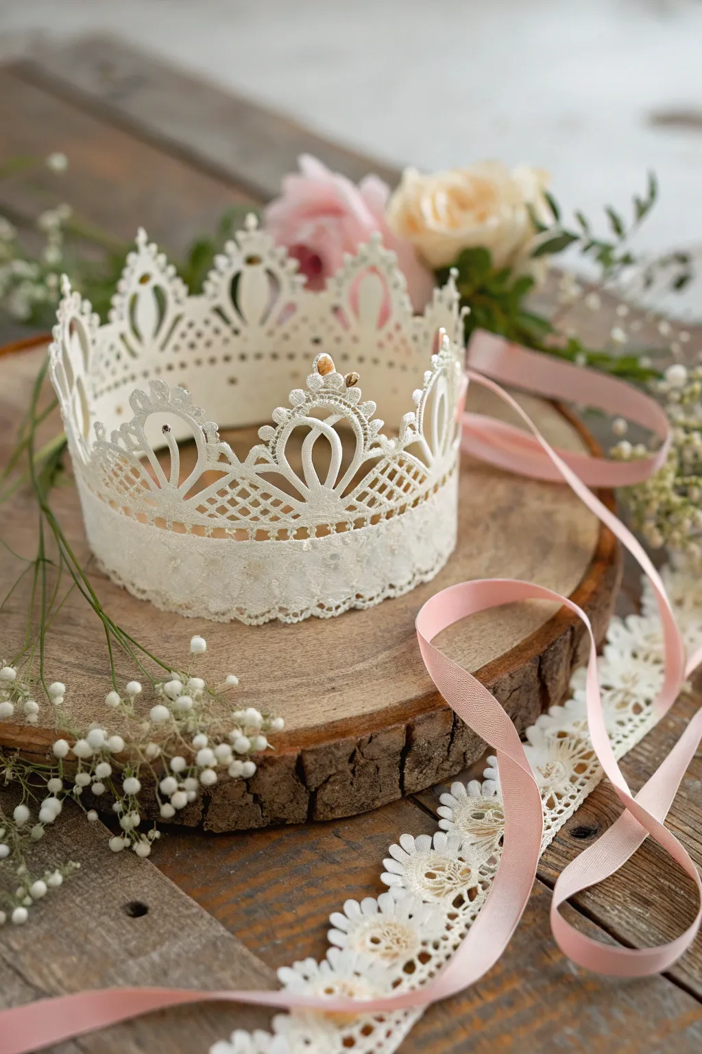 Embrace vintage elegance with this Lace and Ribbon Delight crown, perfect for your next tea party or bridal shower.